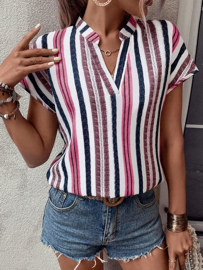 Striped Print V-Neck Batwing Sleeve Shirt T-Shirt