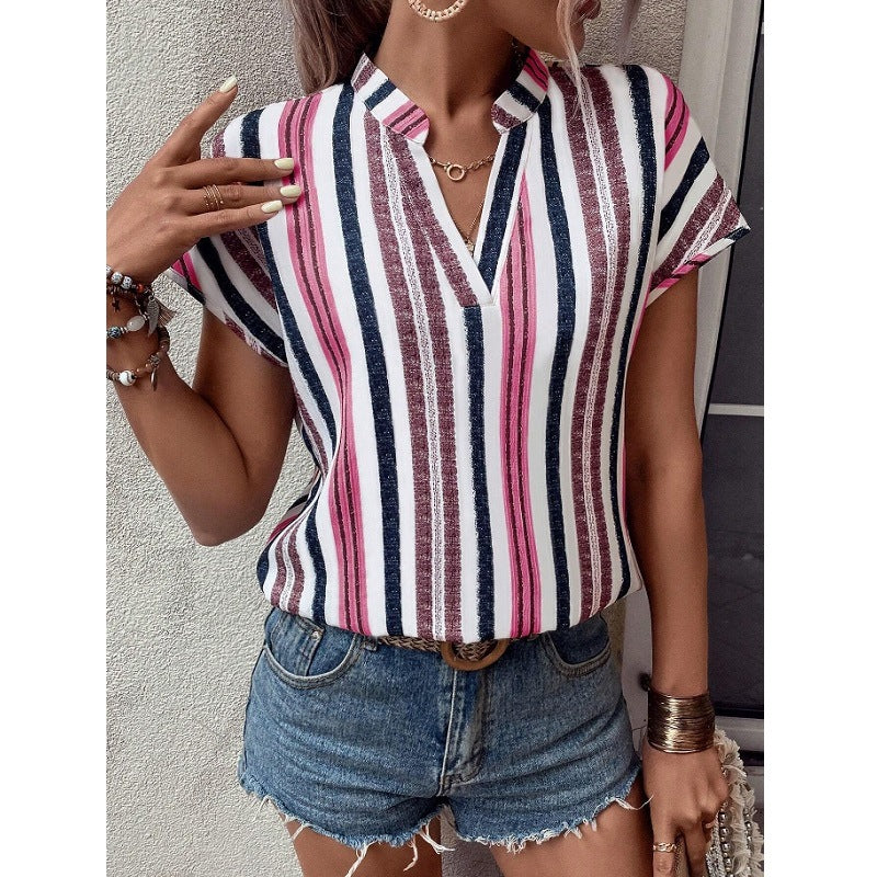 Striped Print V-Neck Batwing Sleeve Shirt T-Shirt