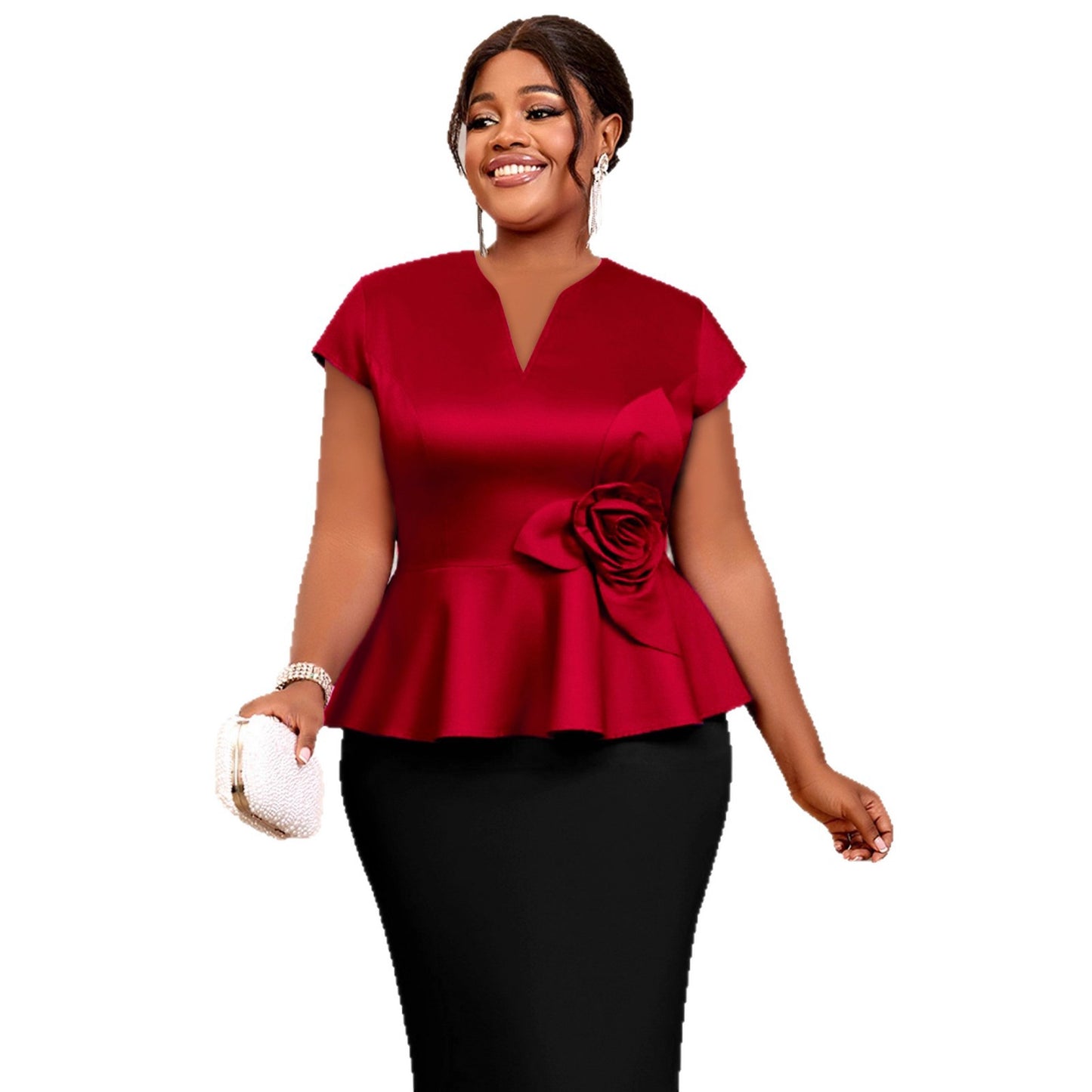 Plus-size Womens Clothing V-neck Ruffled Top 3D Design