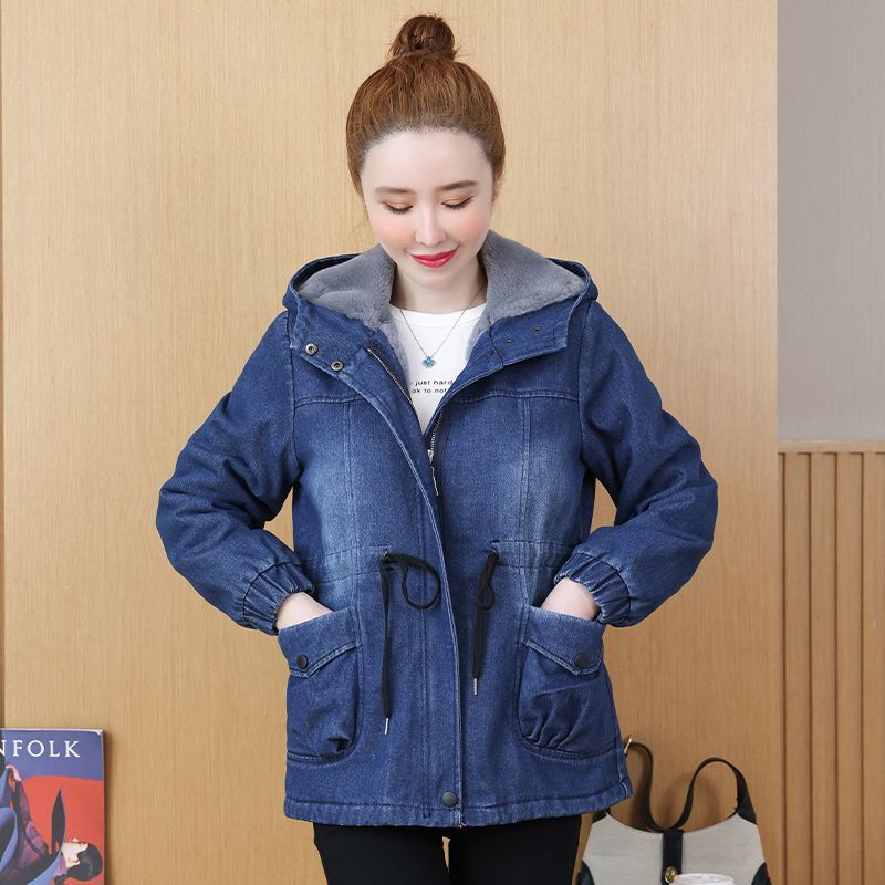 Loose-fitting Thickened Hooded Thermal-lined Denim Cotton-padded Short Jacket