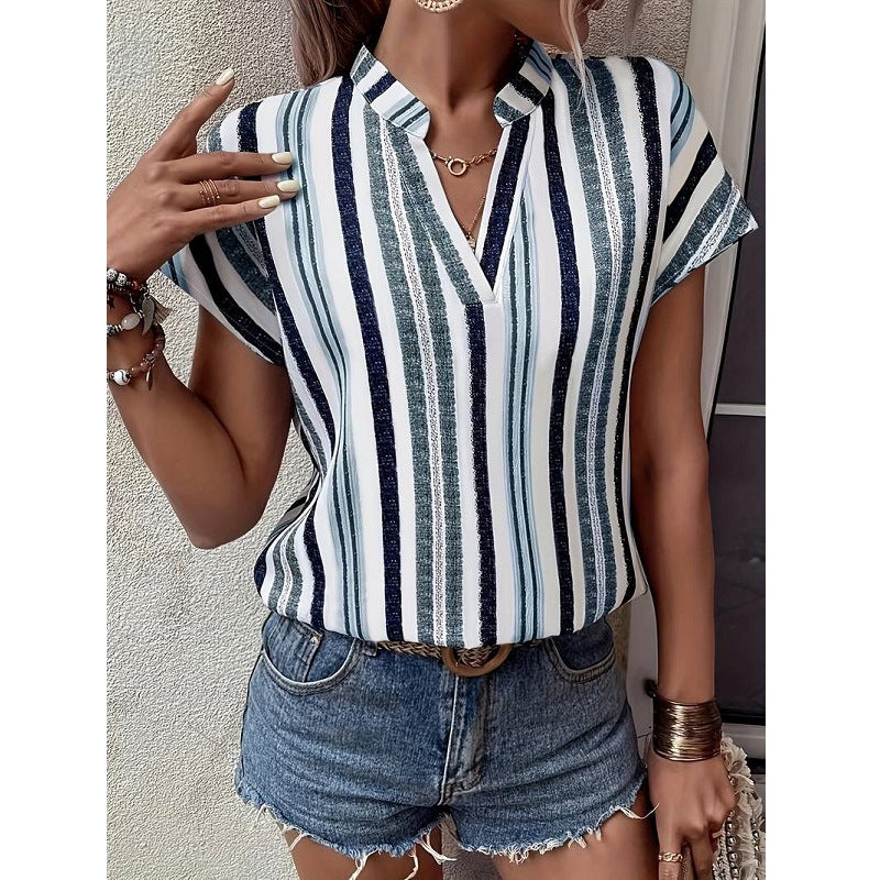 Striped Print V-Neck Batwing Sleeve Shirt T-Shirt