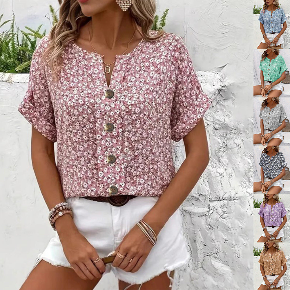 Women's Elegant Floral Short-sleeve Pullover T-shirt Top