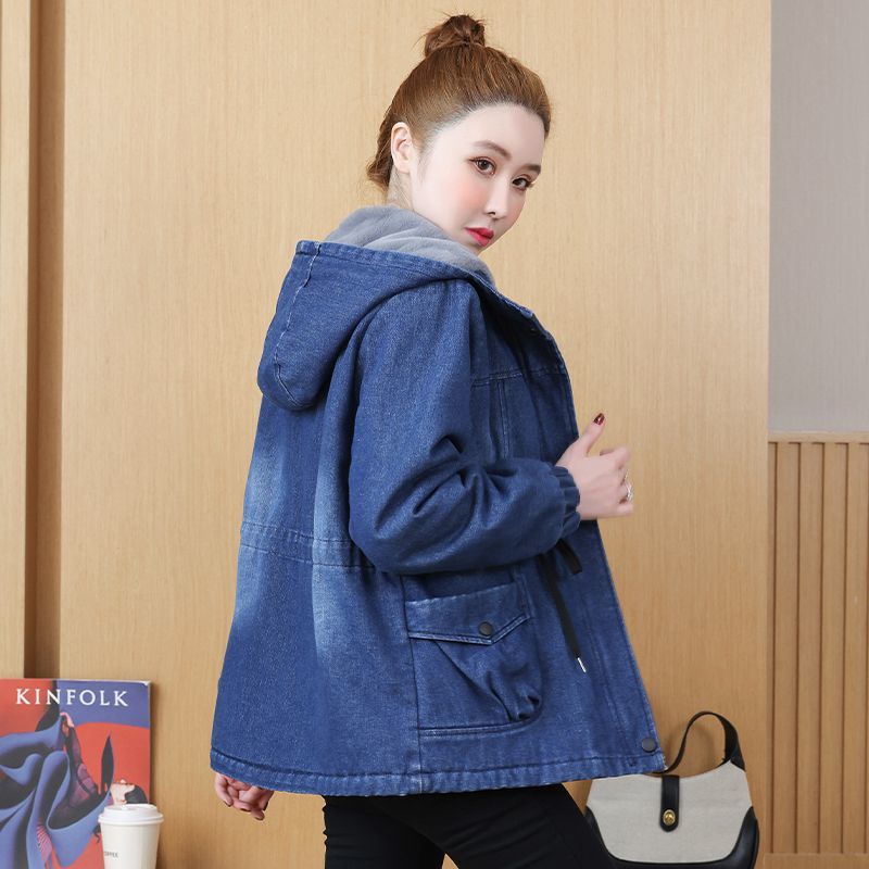 Loose-fitting Thickened Hooded Thermal-lined Denim Cotton-padded Short Jacket