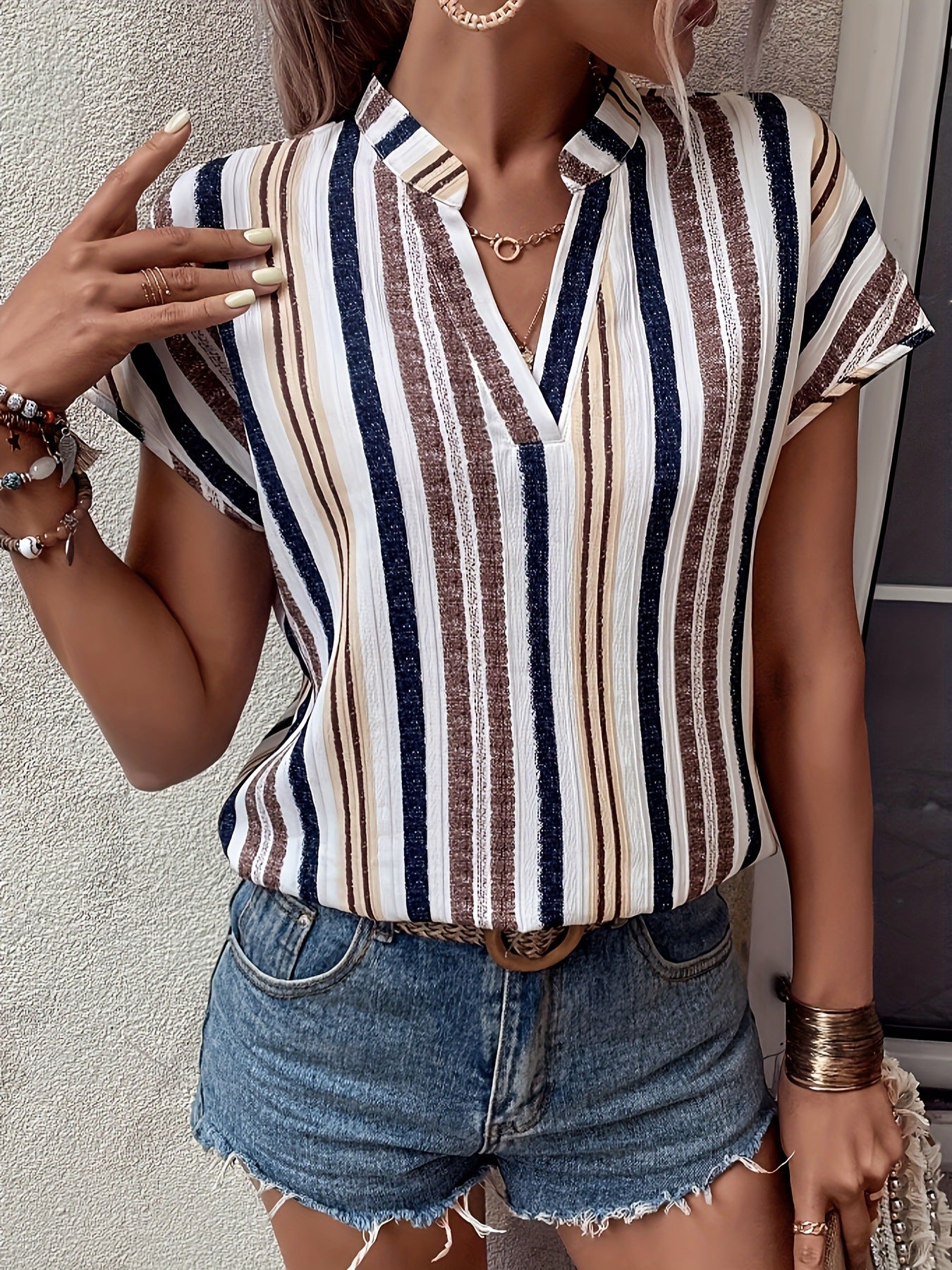 Striped Print V-Neck Batwing Sleeve Shirt T-Shirt