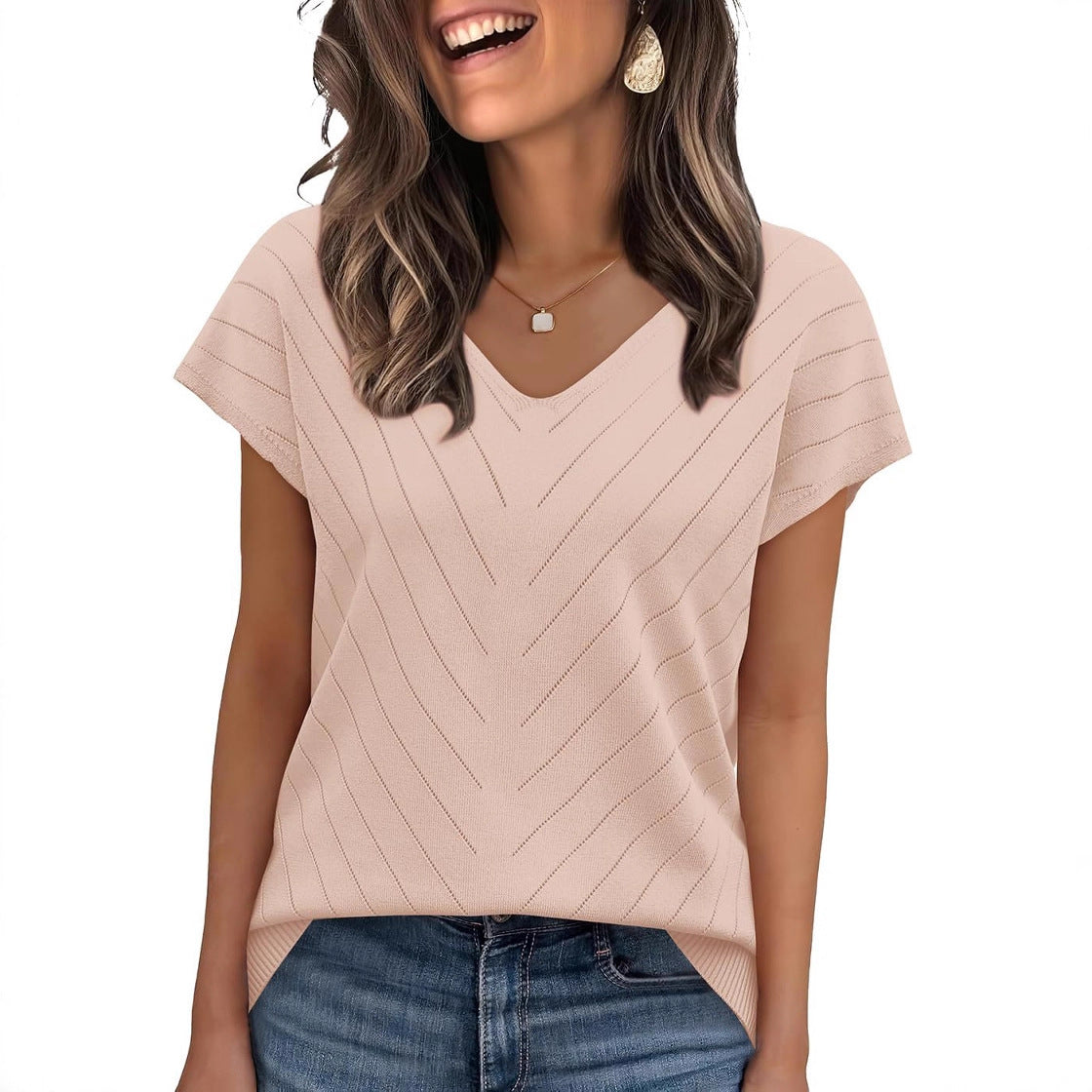 Sleeve Sweater V-Neck Trendy Cutout Casual Knitted Womens