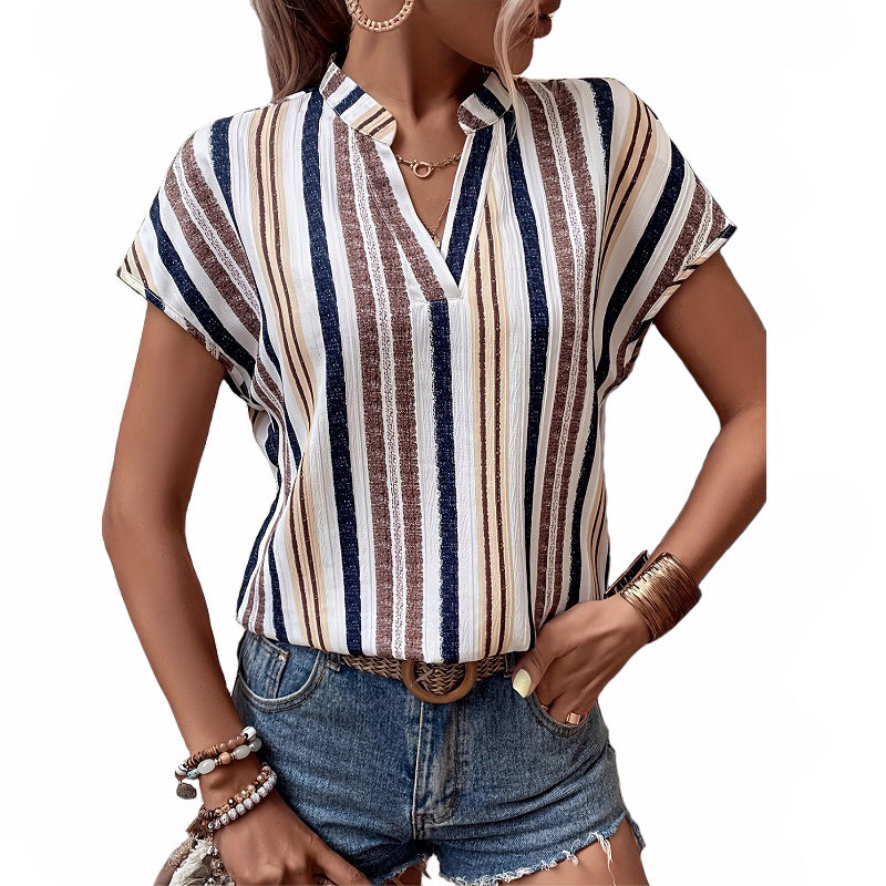 Striped Print V-Neck Batwing Sleeve Shirt T-Shirt