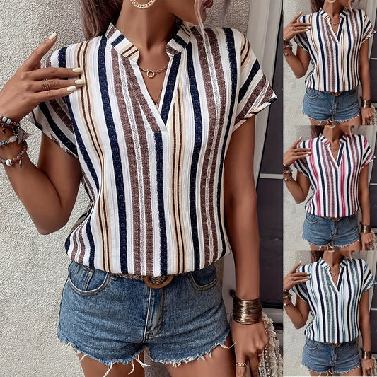 Striped Print V-Neck Batwing Sleeve Shirt T-Shirt