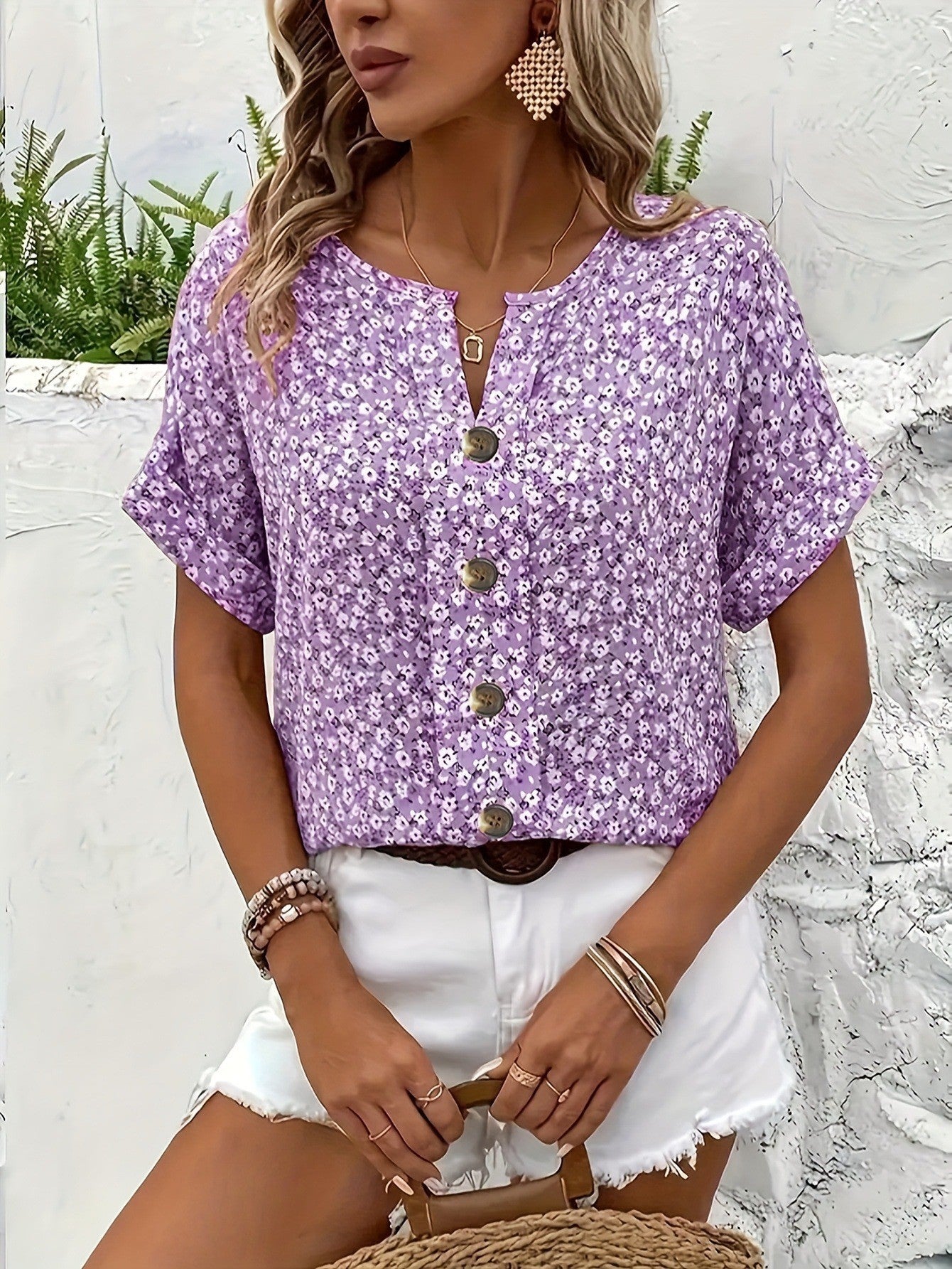 Women's Elegant Floral Short-sleeve Pullover T-shirt Top