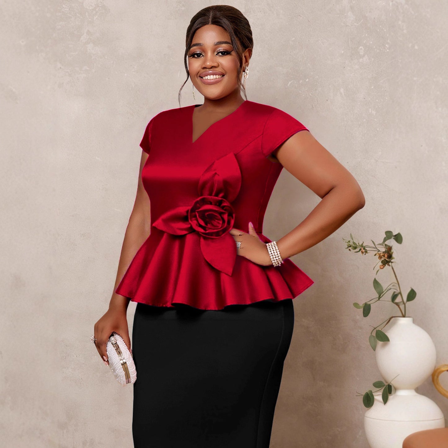 Plus-size Womens Clothing V-neck Ruffled Top 3D Design