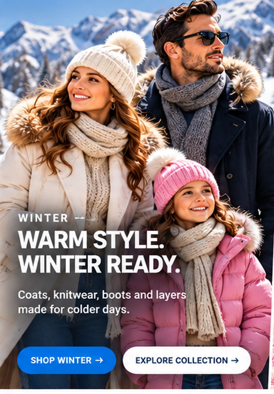 Winter fashion with coats, knitwear, boots and cold-weather accessories